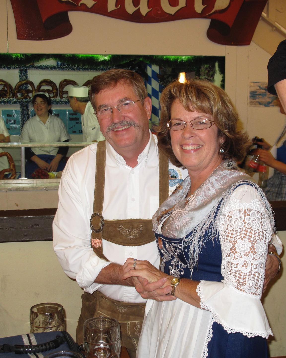 Ted and Jodi donning their German attire to celebrate Oktoberfest // Photo via Schell's Facebook