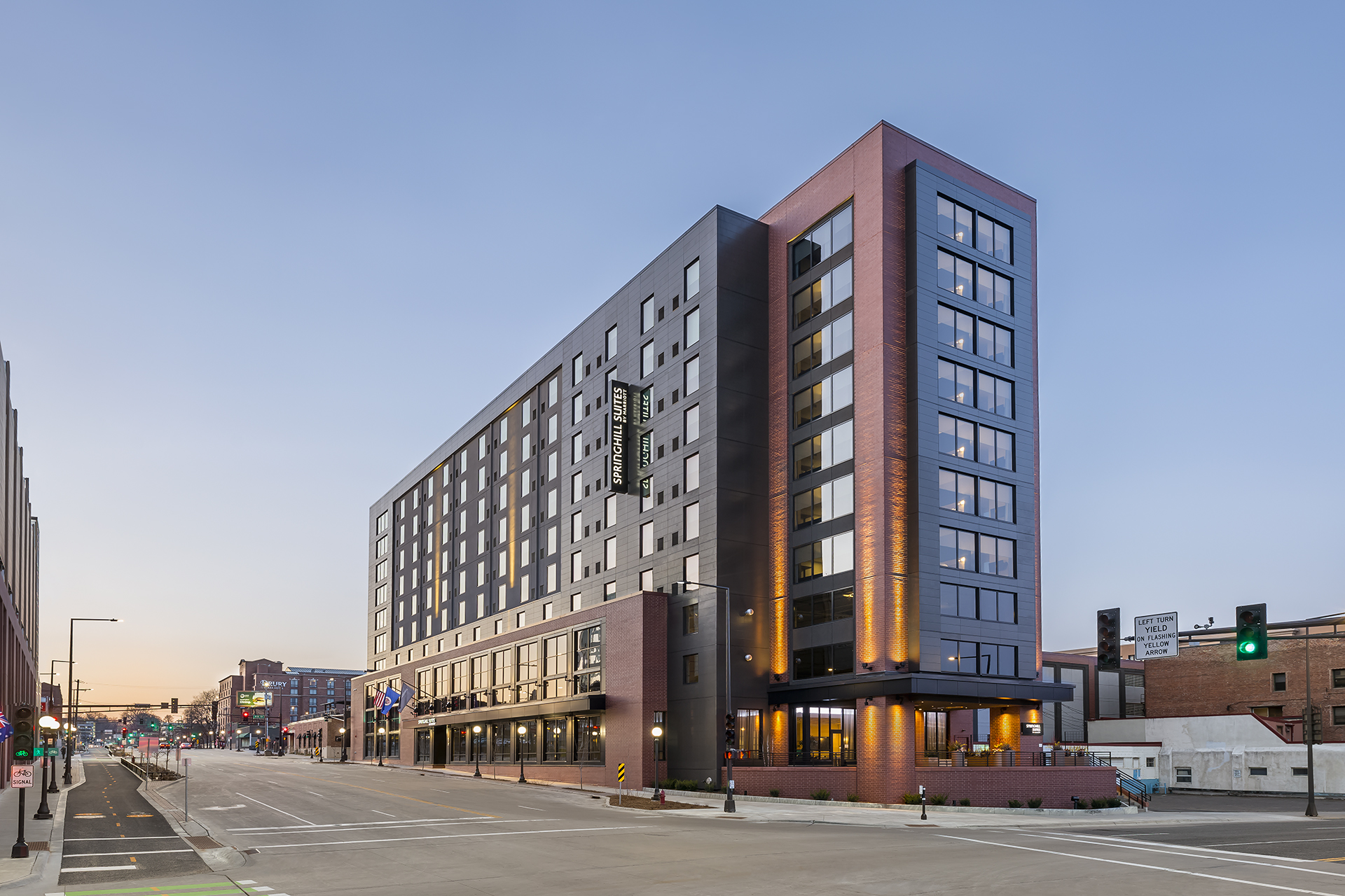 Exterior of large hotel at dusk